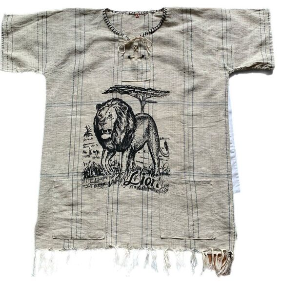 VNTG Shirt Women M Men S Lion Wearable Art Boho Retro African Tassel Animalprint - Picture 9 of 9